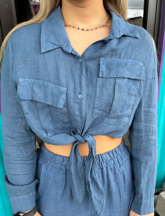 Slate Blue Linen Tie-Front Top