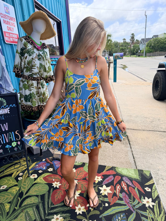 Tropical Leaf Print Tiered Mini Dress