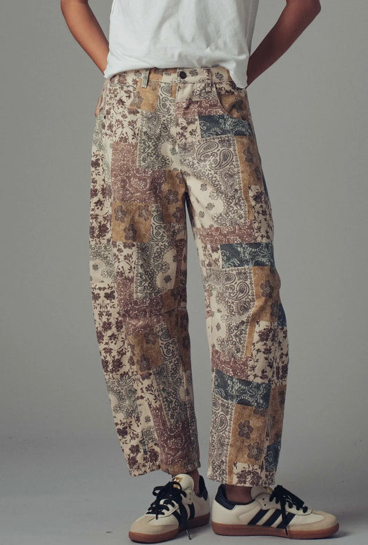Vintage Boho Bandana Print Denim Barrel Jeans