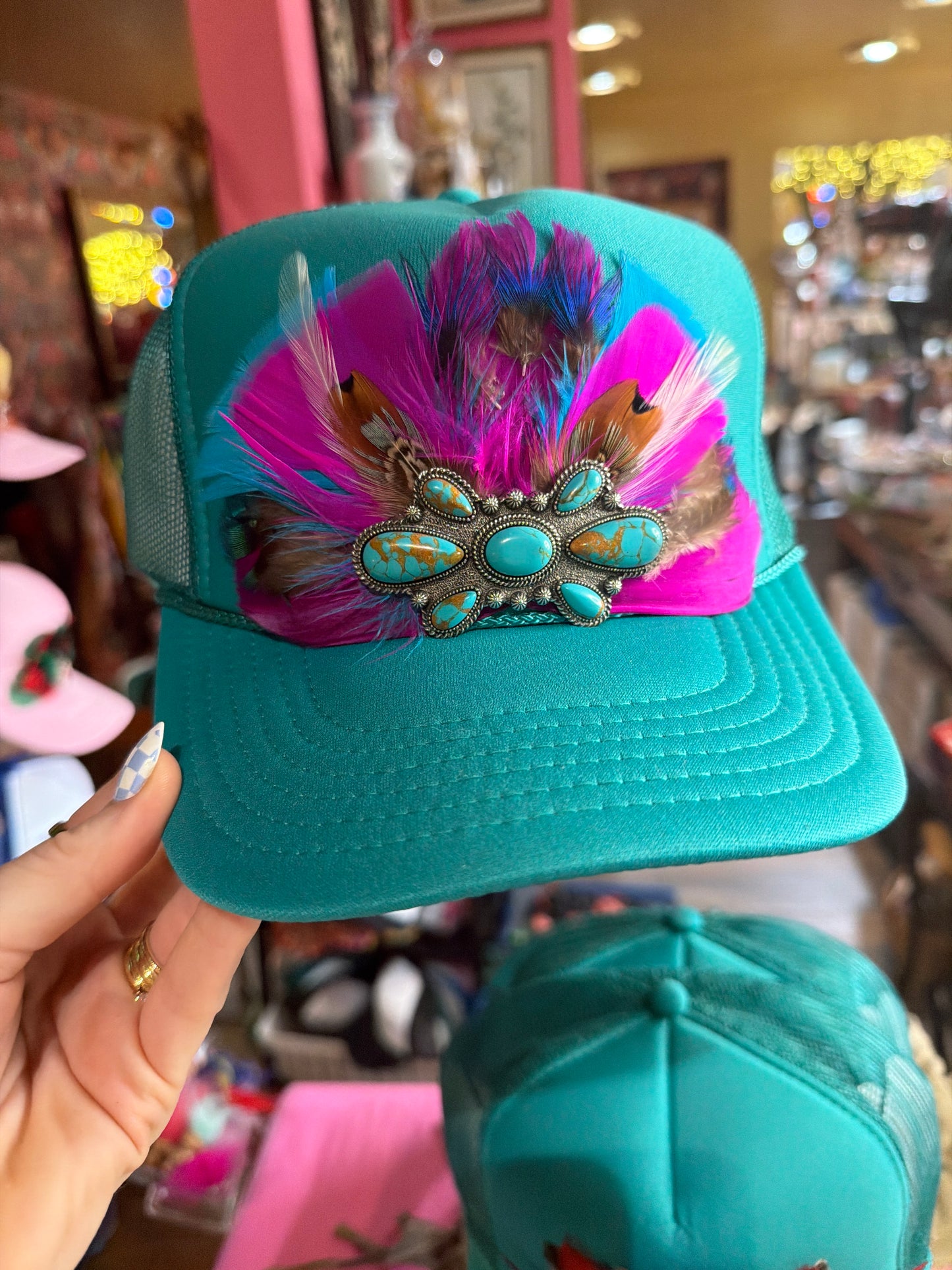 Feather Trucker Hat, Handmade, Unique, One of a Kind