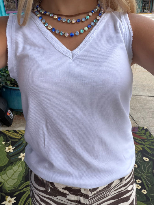 Sequin WHITE/ NAVY V-Neck Tank Tops