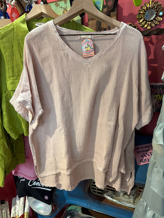 Pink Blush Linen Short Sleeve Blouse