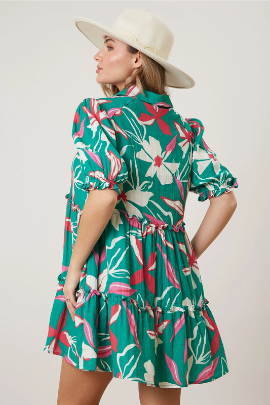 Turquoise Floral Cotton Gauze Tropical Print Dress