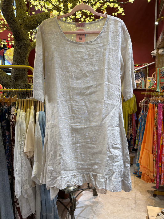 Beige Ruffle Quarter Sleeve Dress with White Splatter