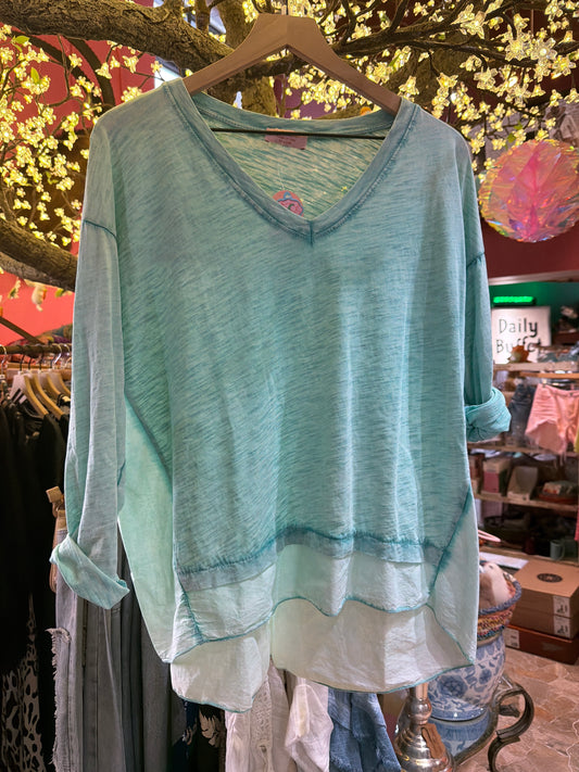 V-Neck Cotton hi-low long sleeve top