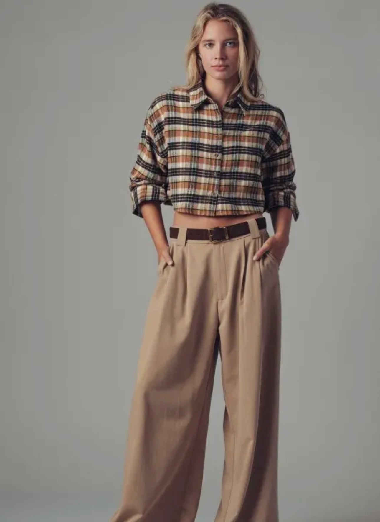 Cropped Plaid Button Up Flannel Shirt