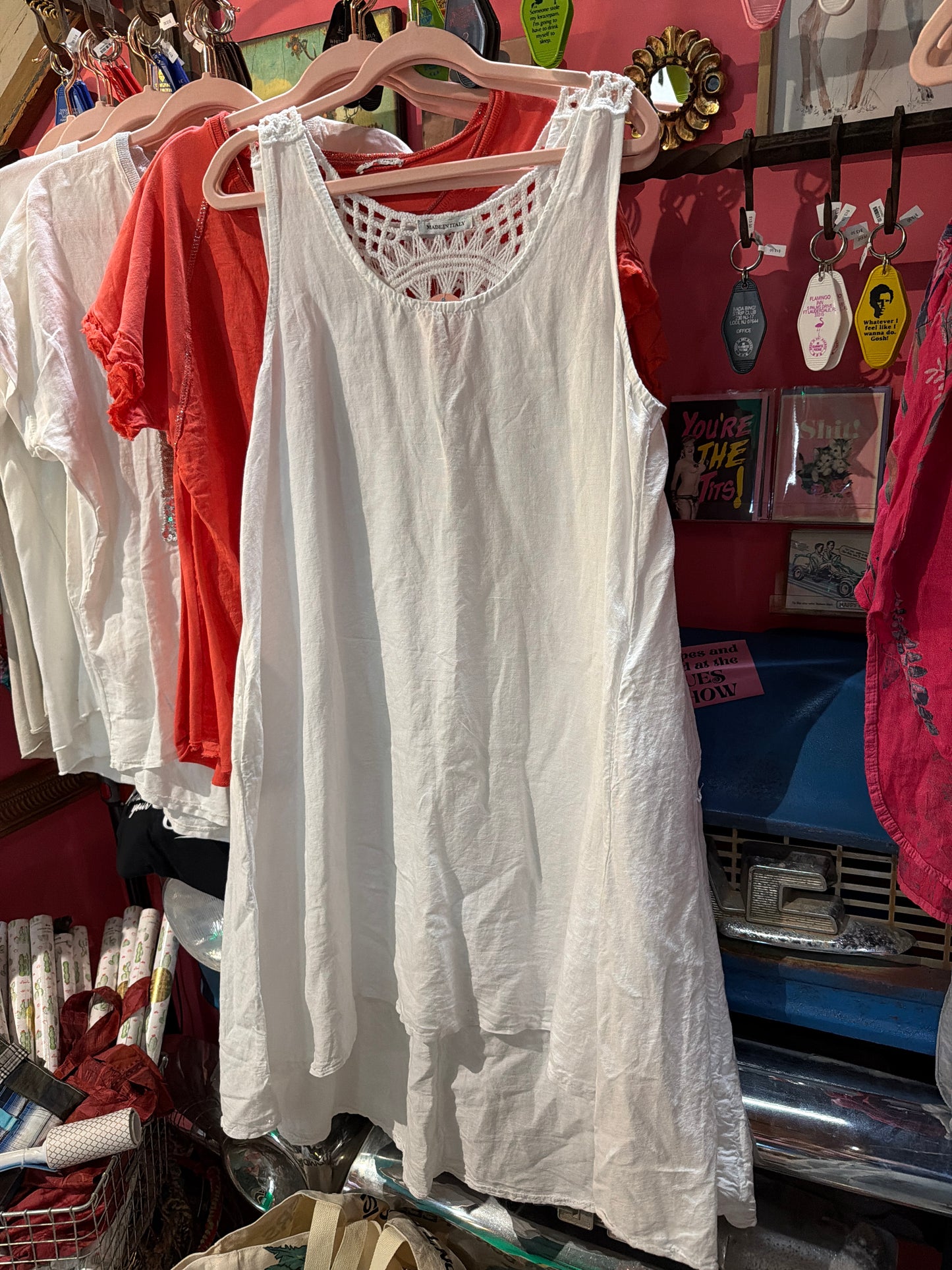 White Linen Crochet Back Sleeveless Tank Dress