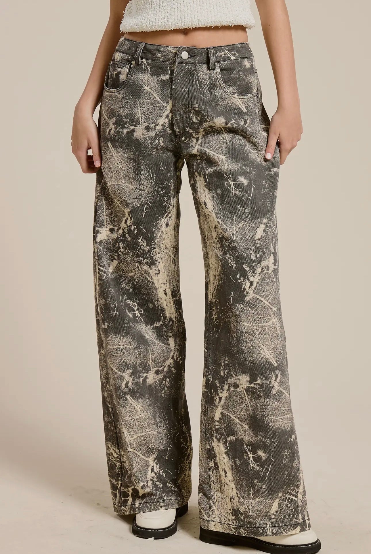 Grunge Splatter Print Wide Leg Denim Jean Pants