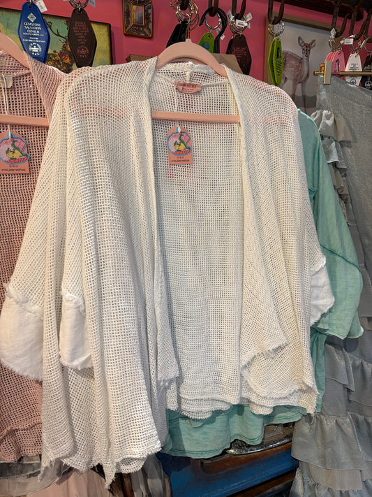 White Short Sleeve Net Crochet Cardigan