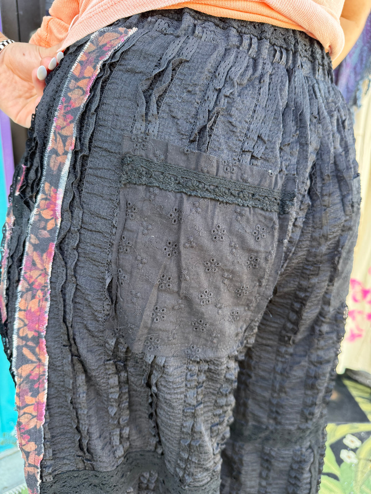 Lace Print Patch Eyelet Ruffle Wide Leg Pants