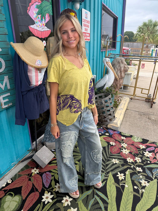Chartreuse t-shirt w purple tiger
