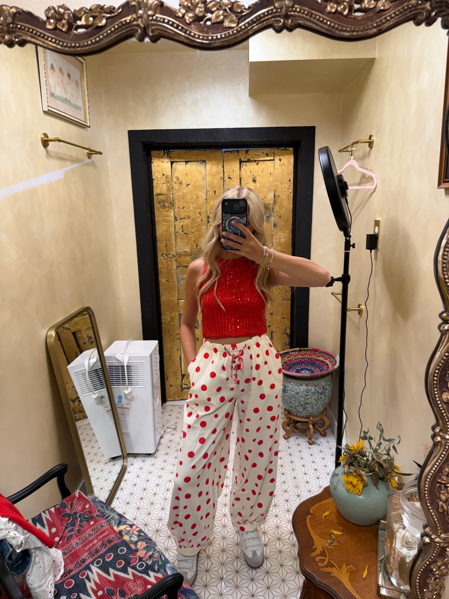 Retro Polka Dot Elastic Waist Wide-Leg Pants