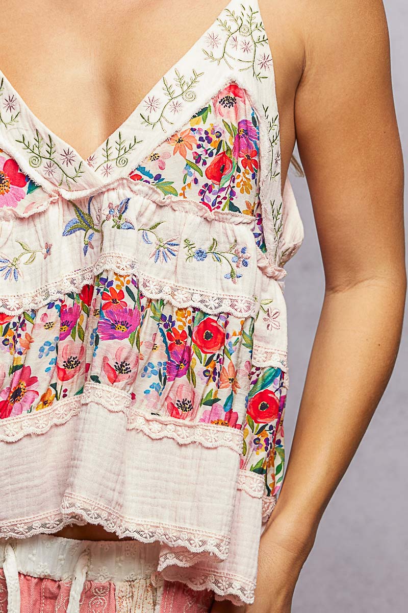 A-Body Flared Fit Double Gauze Floral Embroidery Sleeveless