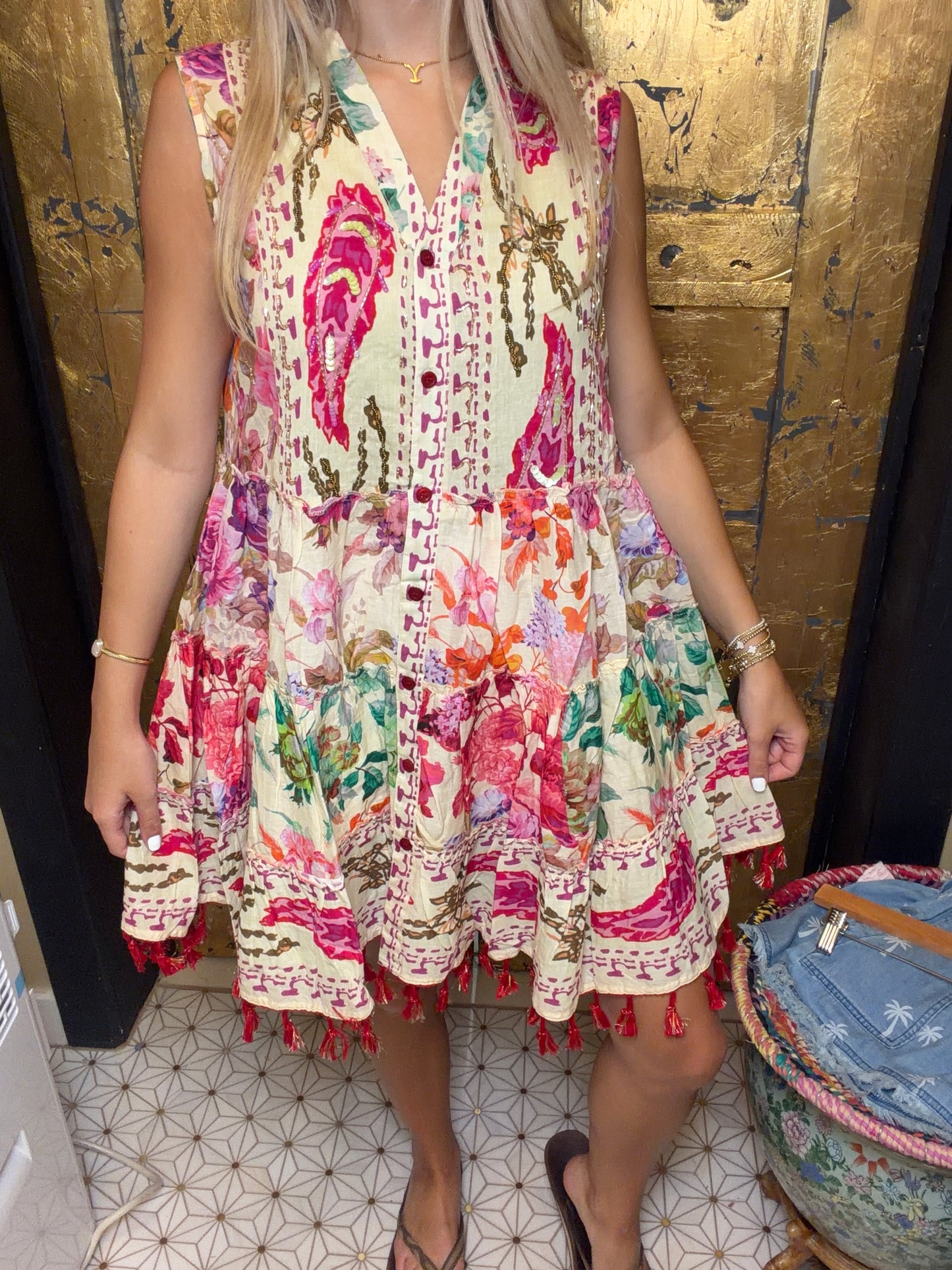 Cotton Button Closure Floral Tassel Bead Sleeveless Dress