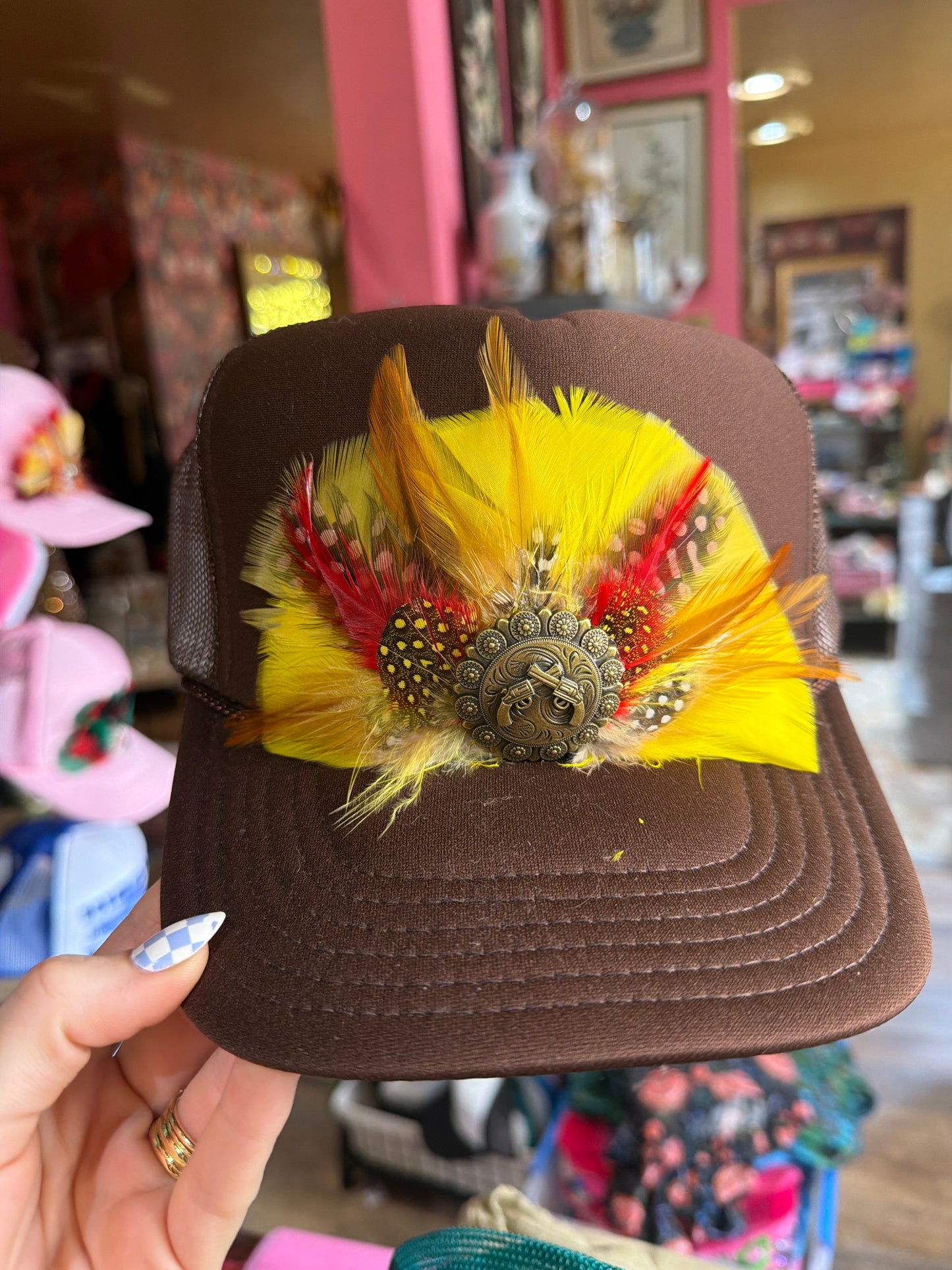 Feather Trucker Hat, Handmade, Unique, One of a Kind