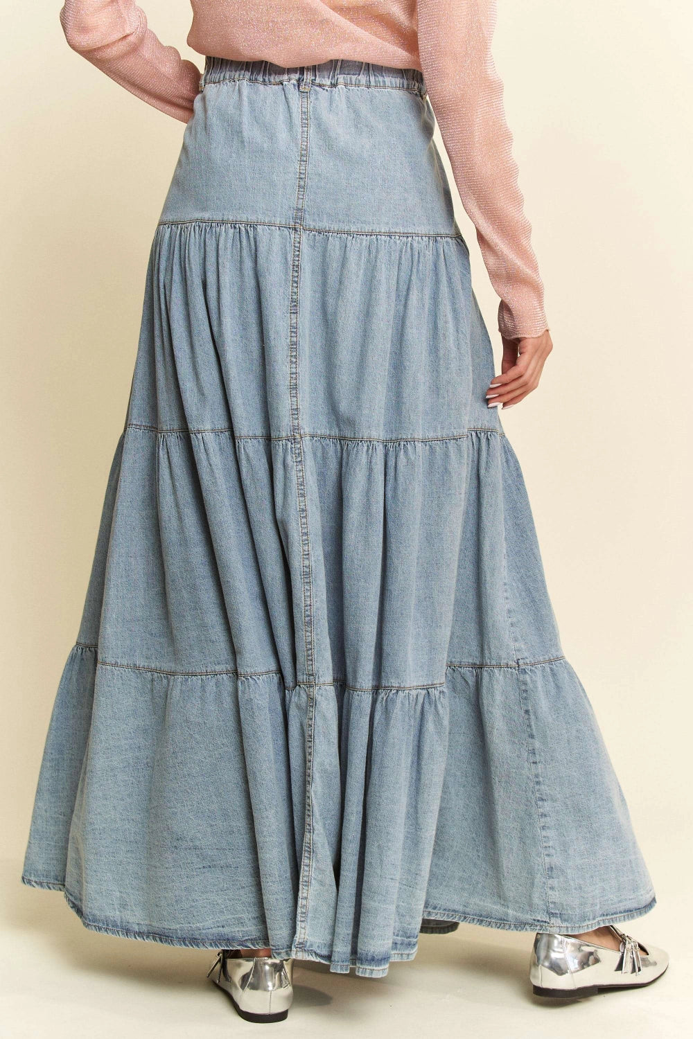 Denim Button Front Ruffle Hem Denim Maxi Skirt