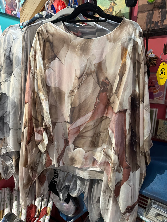 Brown Beige Floral Silky Blouse