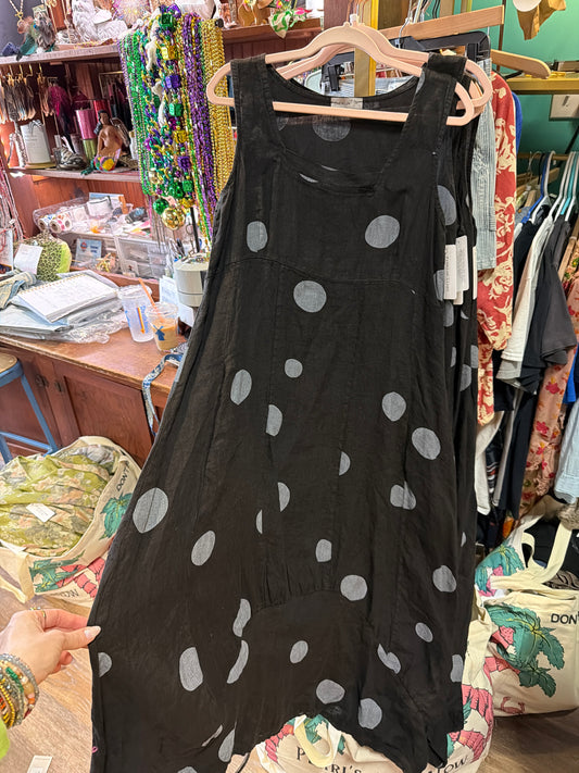 Black and Grey Polka Dot Linen Maxi Dress