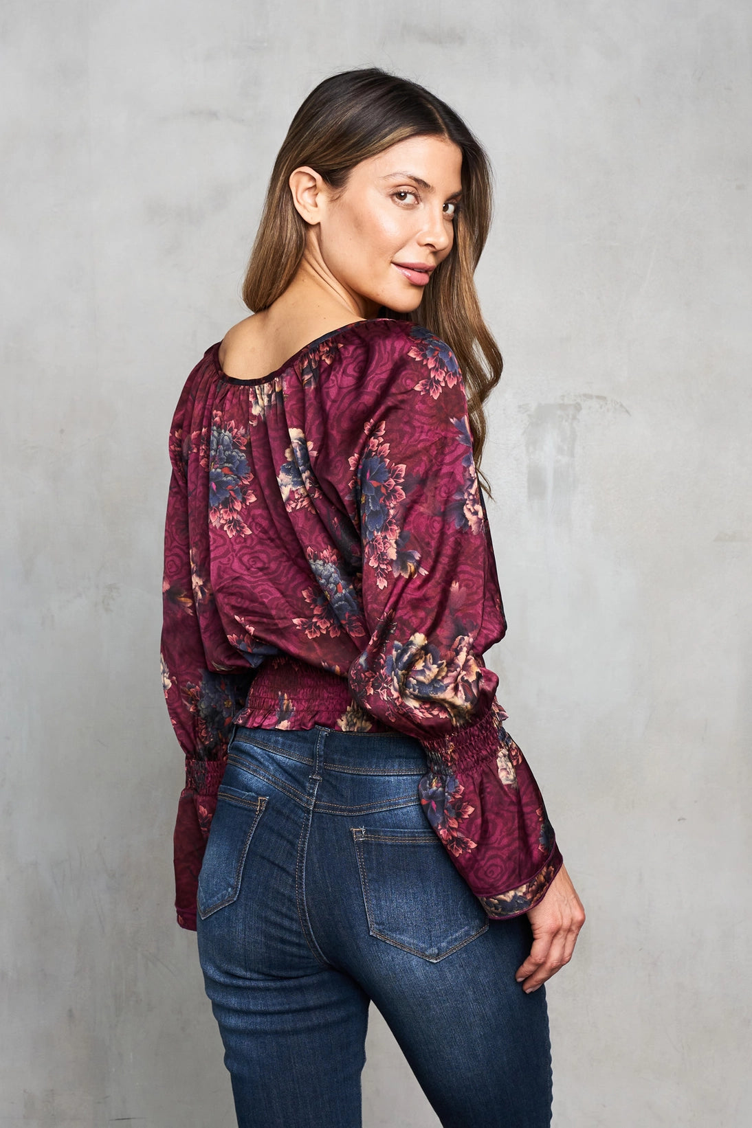 Satin Verona Print Peasant Top w/ Smocking