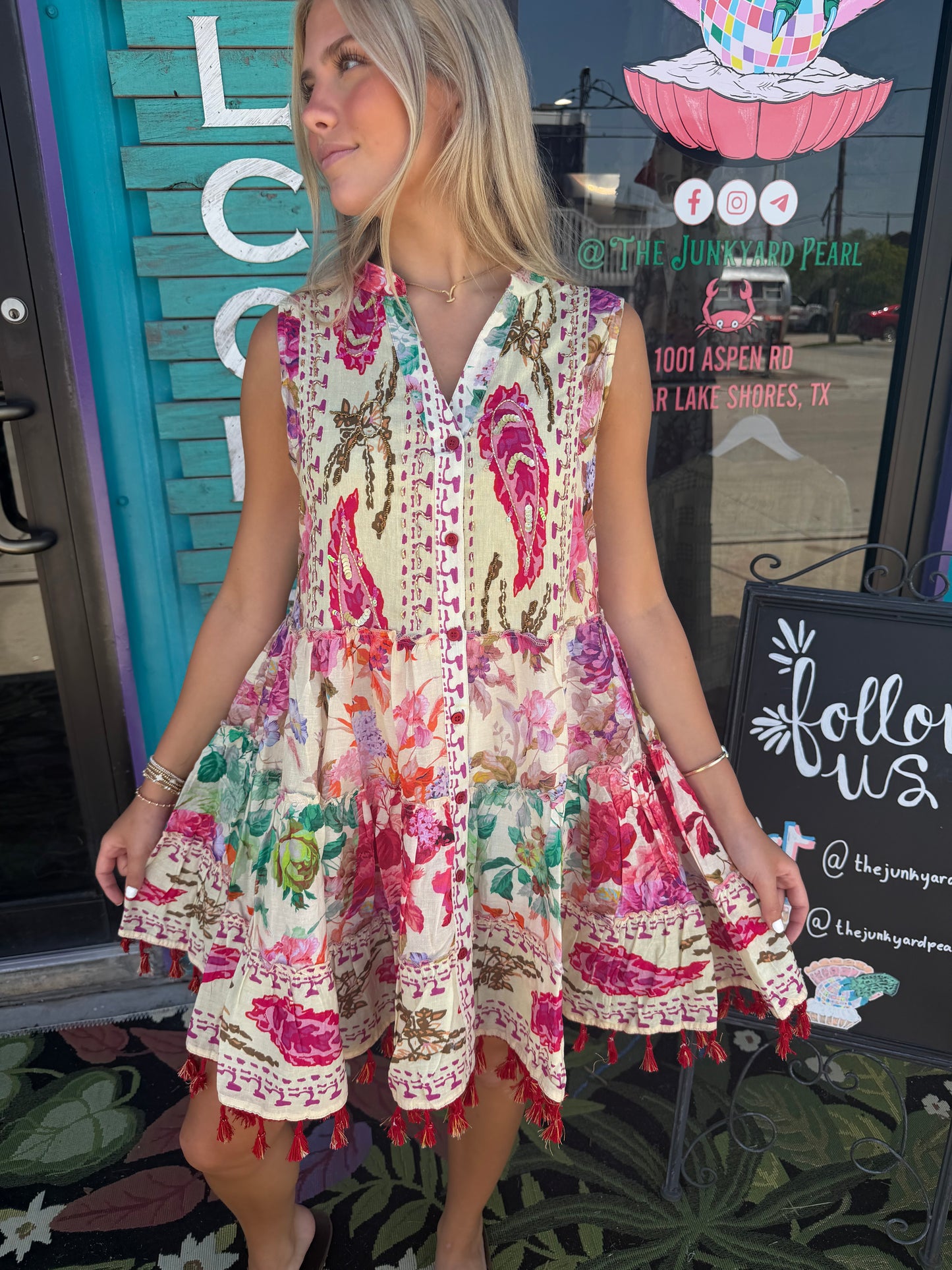 Cotton Button Closure Floral Tassel Bead Sleeveless Dress