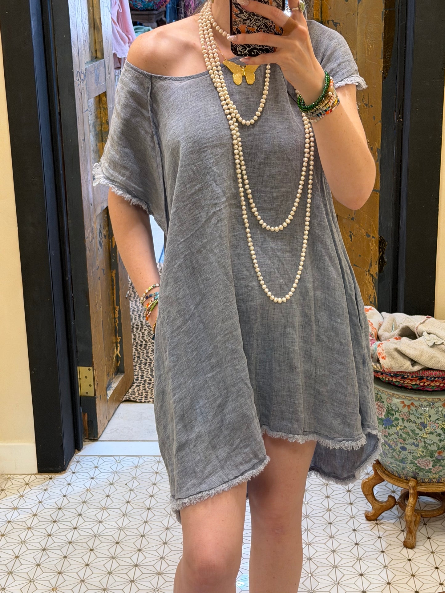 Slate Blue Linen Capped Sleeve Dress