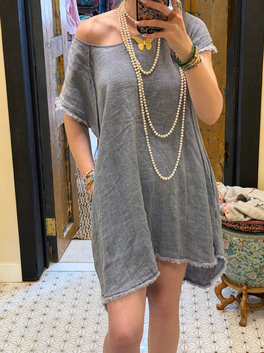 Slate Blue Linen Capped Sleeve Dress