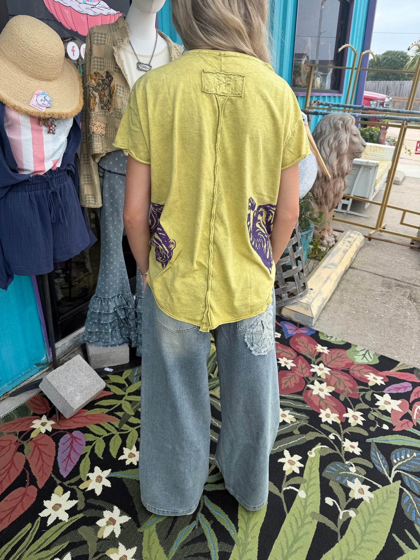 Chartreuse t-shirt w purple tiger