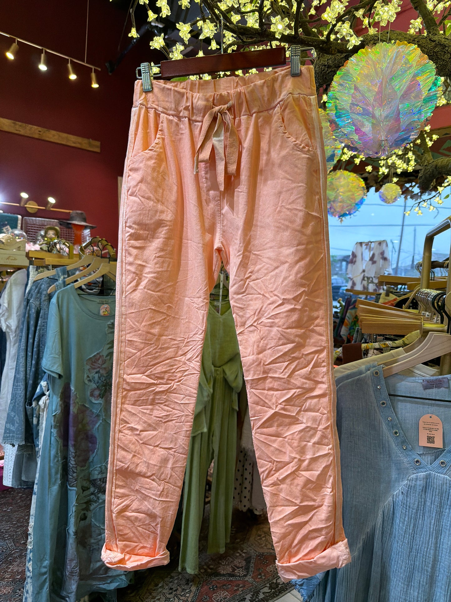 Coral Crinkle Skinny Leg Pants