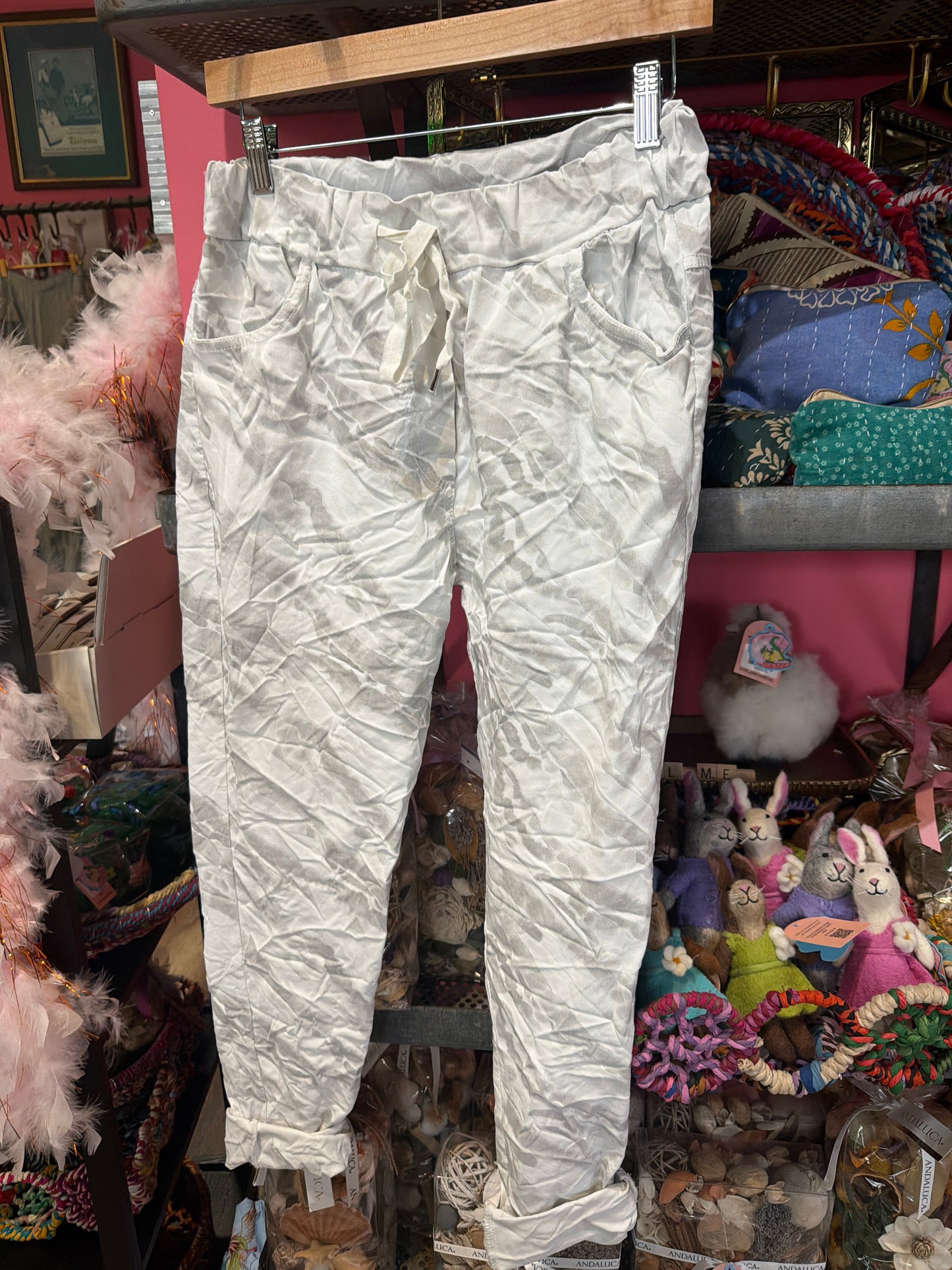White Zebra Crinkle Skinny Leg Pants
