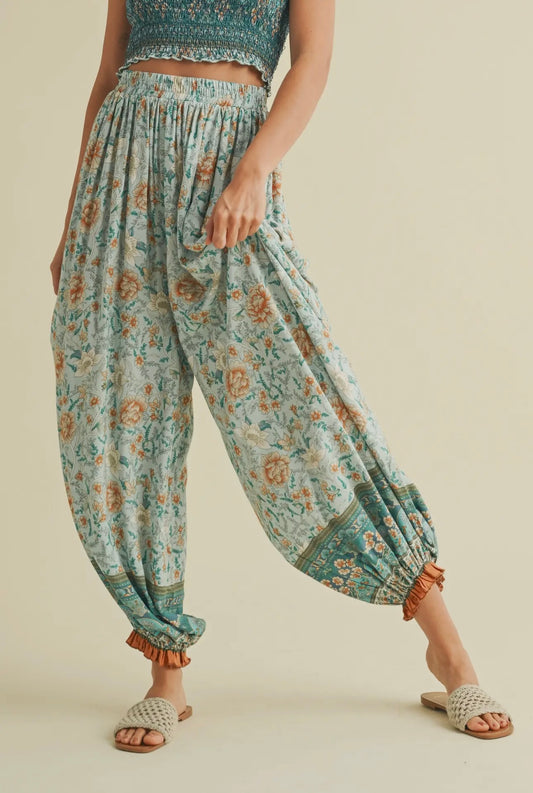 Turquoise and Orange Smocked Top and Floral Printed Pants