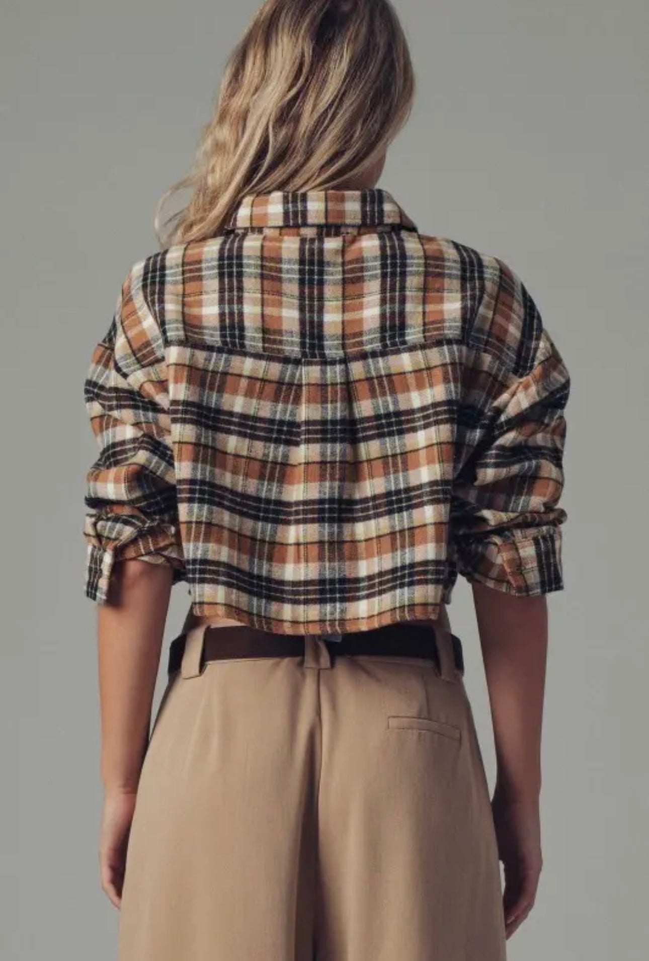 Cropped Plaid Button Up Flannel Shirt