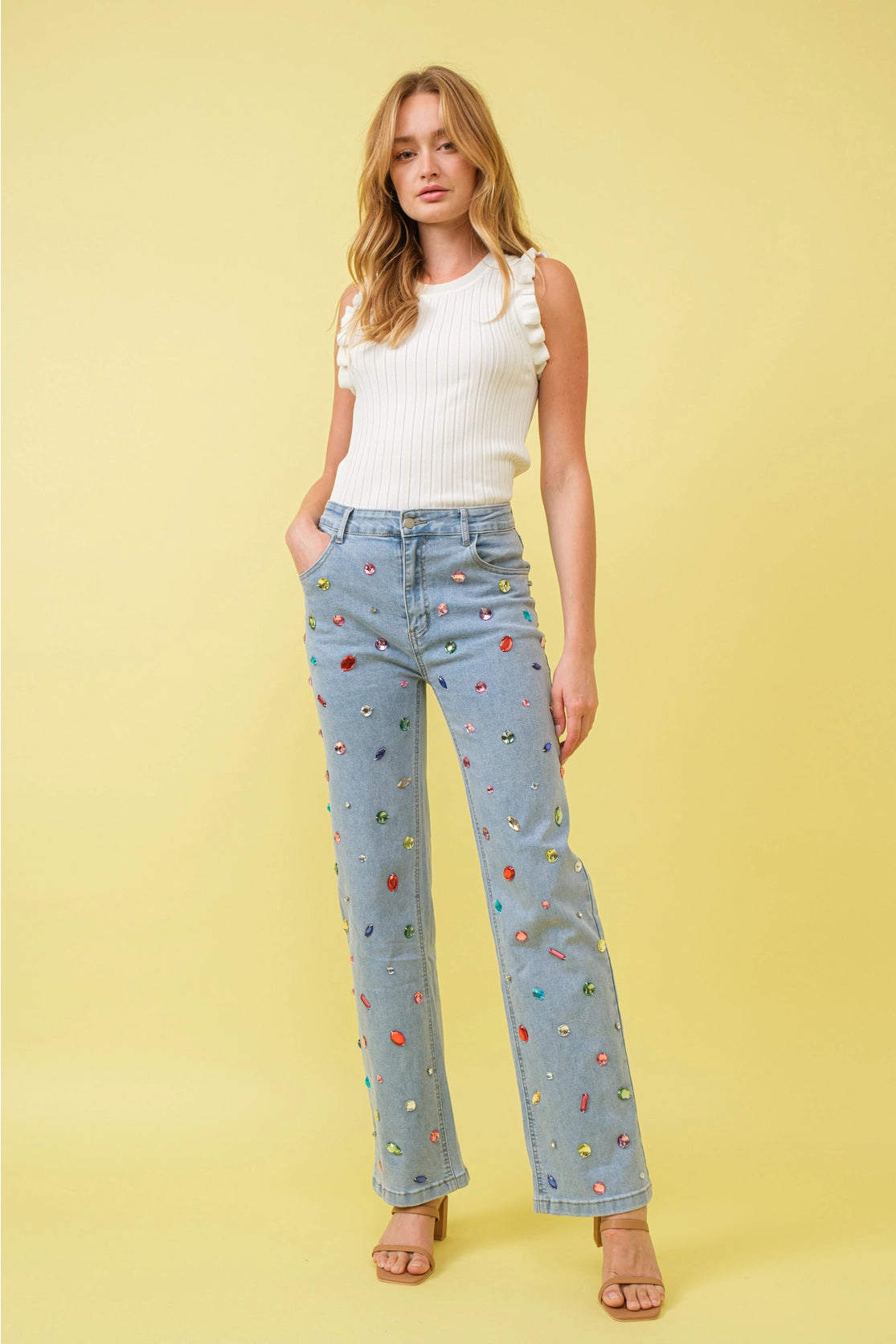 Light Wash Mid Rise Rhinestone Jeans