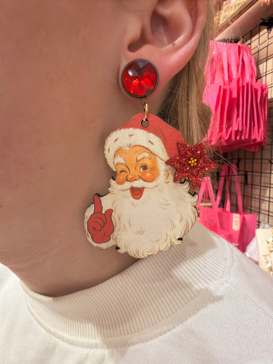 Red poinsettia Santa Earrings