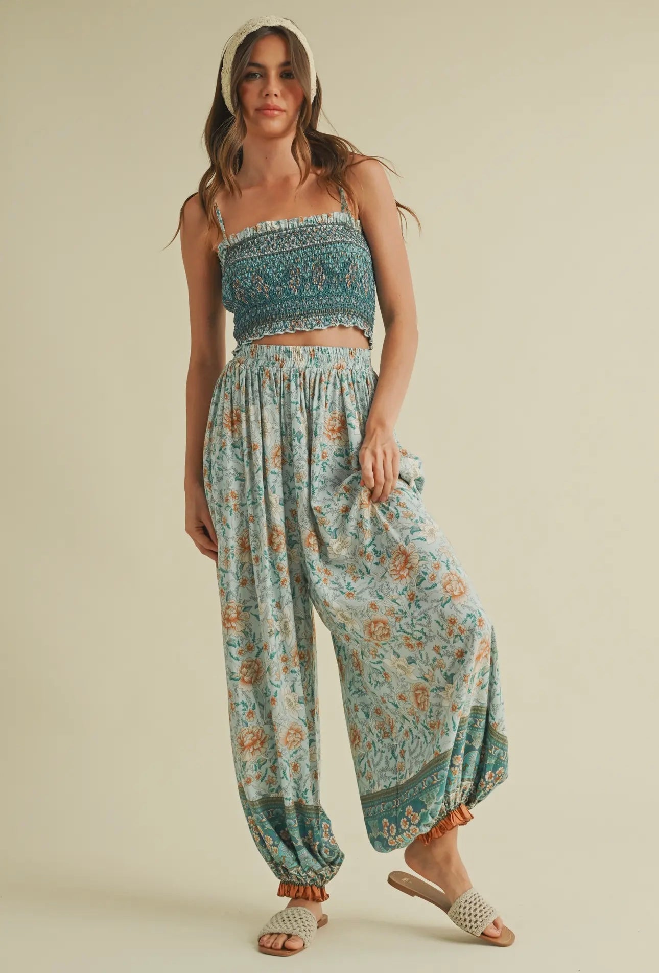 Turquoise and Orange Smocked Top and Floral Printed Pants