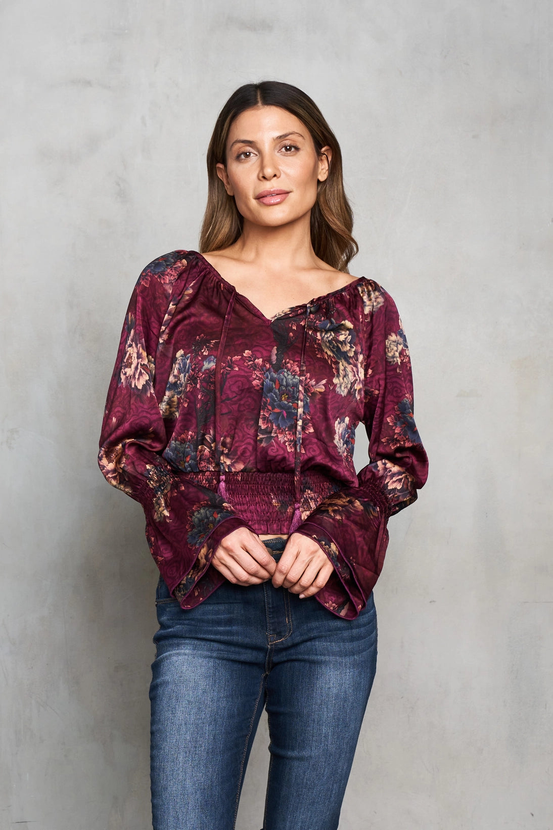 Satin Verona Print Peasant Top w/ Smocking