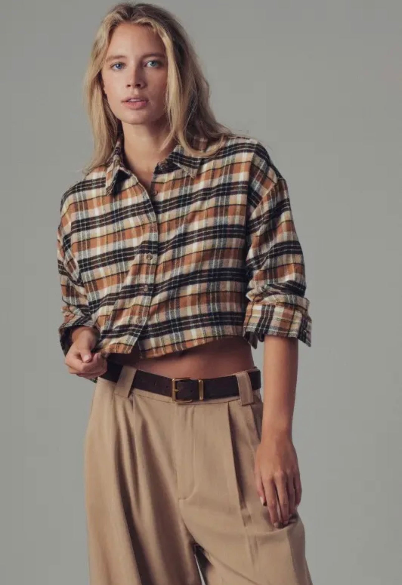 Cropped Plaid Button Up Flannel Shirt