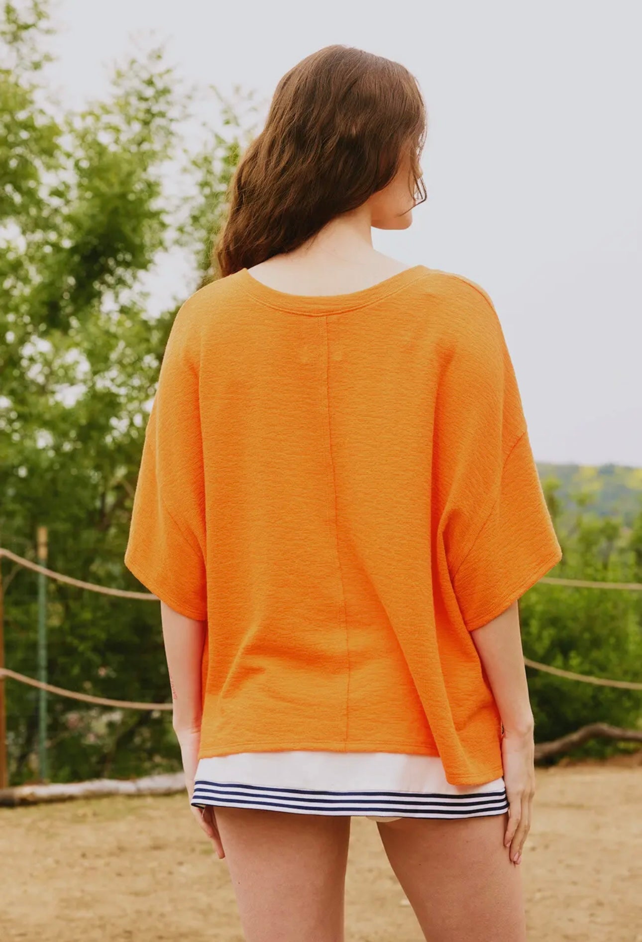 Orange oversized V-Neck Solid Knit Top