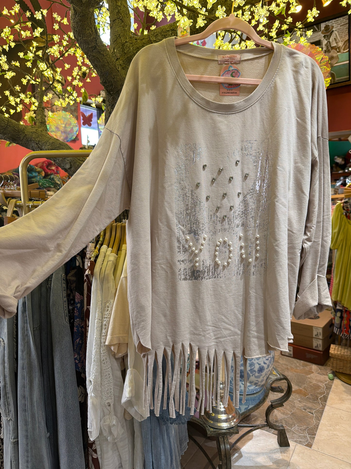 Beige I Love You Pearl and Rhinestone Distressed Sweatshirt