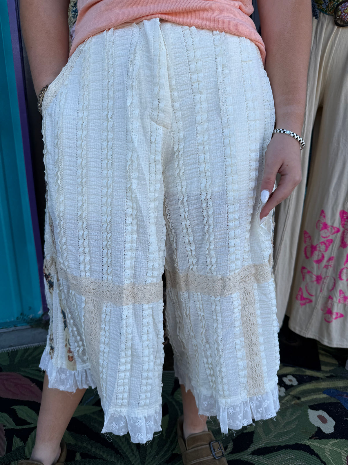 Lace Print Patch Eyelet Ruffle Wide Leg Pants
