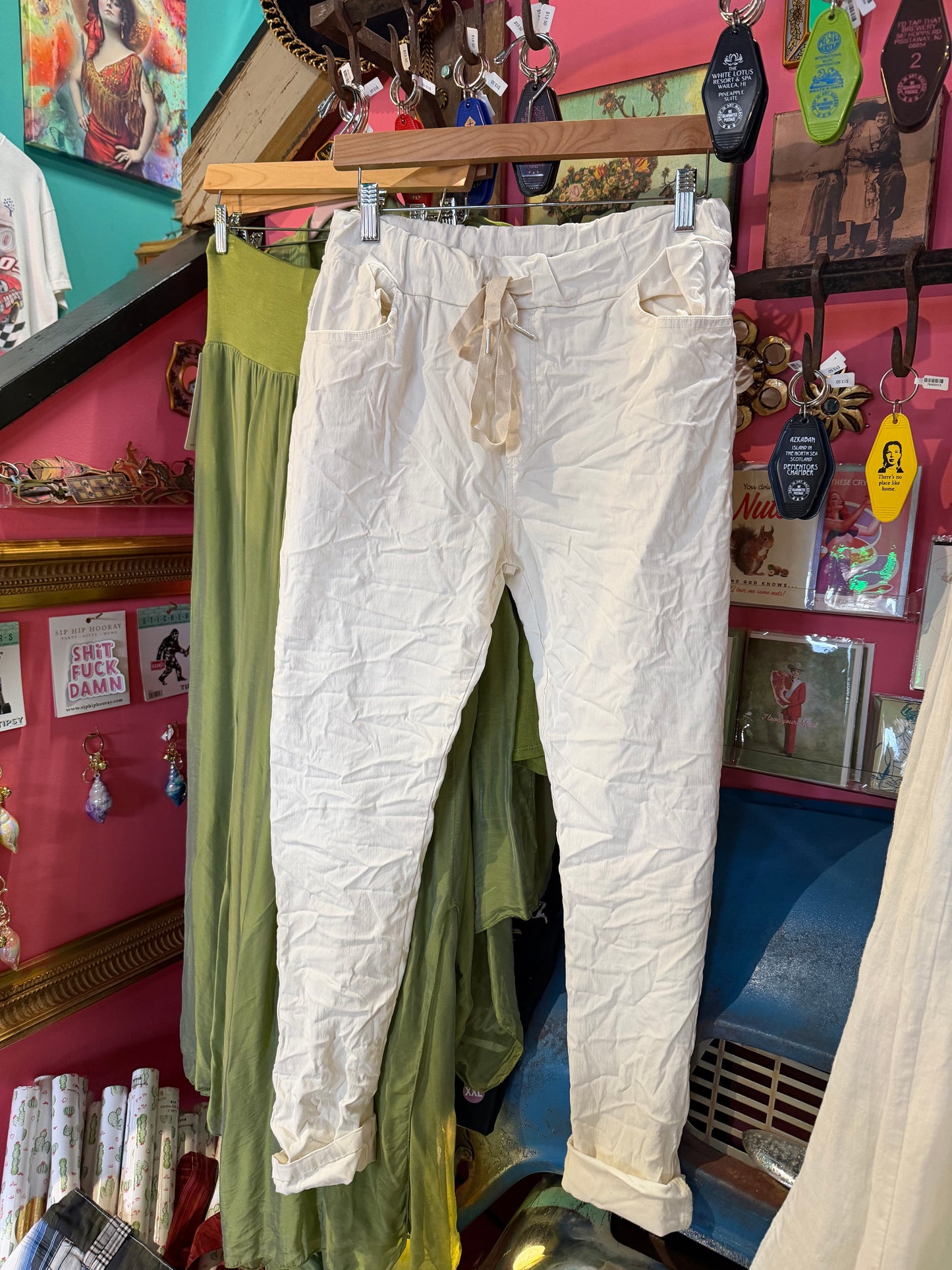 White Crinkle Skinny Leg Pants