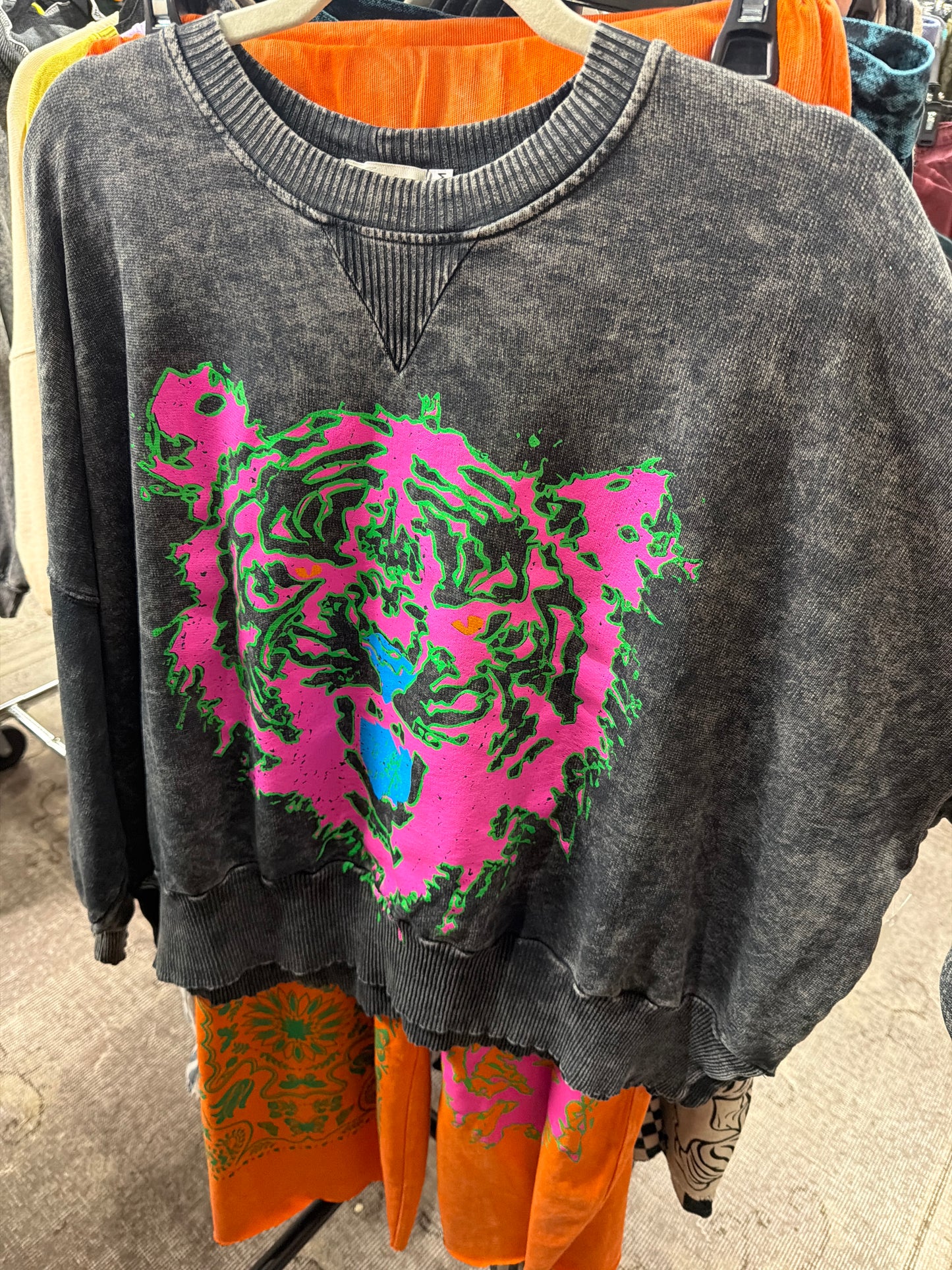 BLACK MINERAL WASH WITH NEON PINK TIGER SWEATSHIRT
