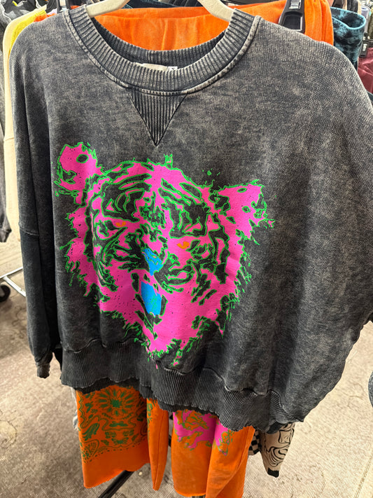 BLACK MINERAL WASH WITH NEON PINK TIGER SWEATSHIRT