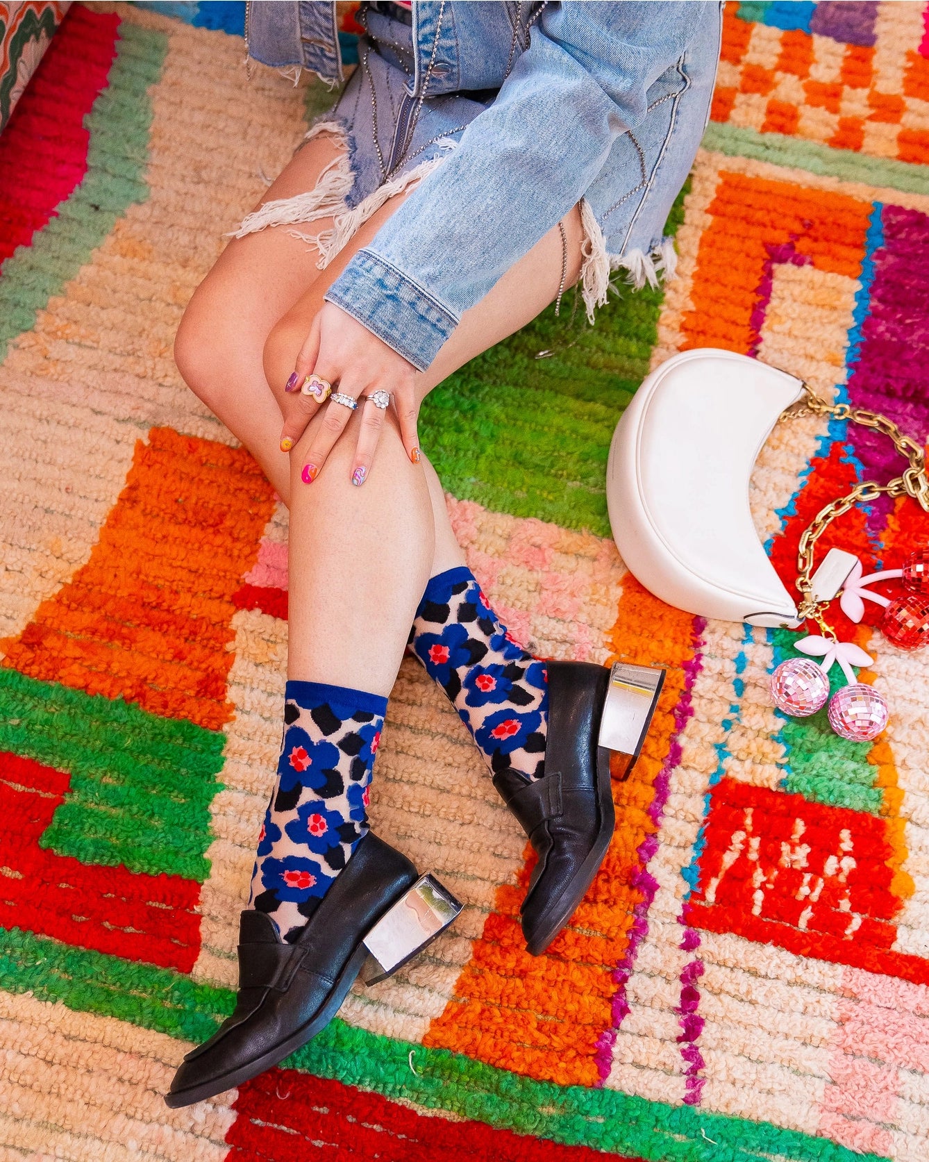 Bold Blue Floral Sheer Crew Sock