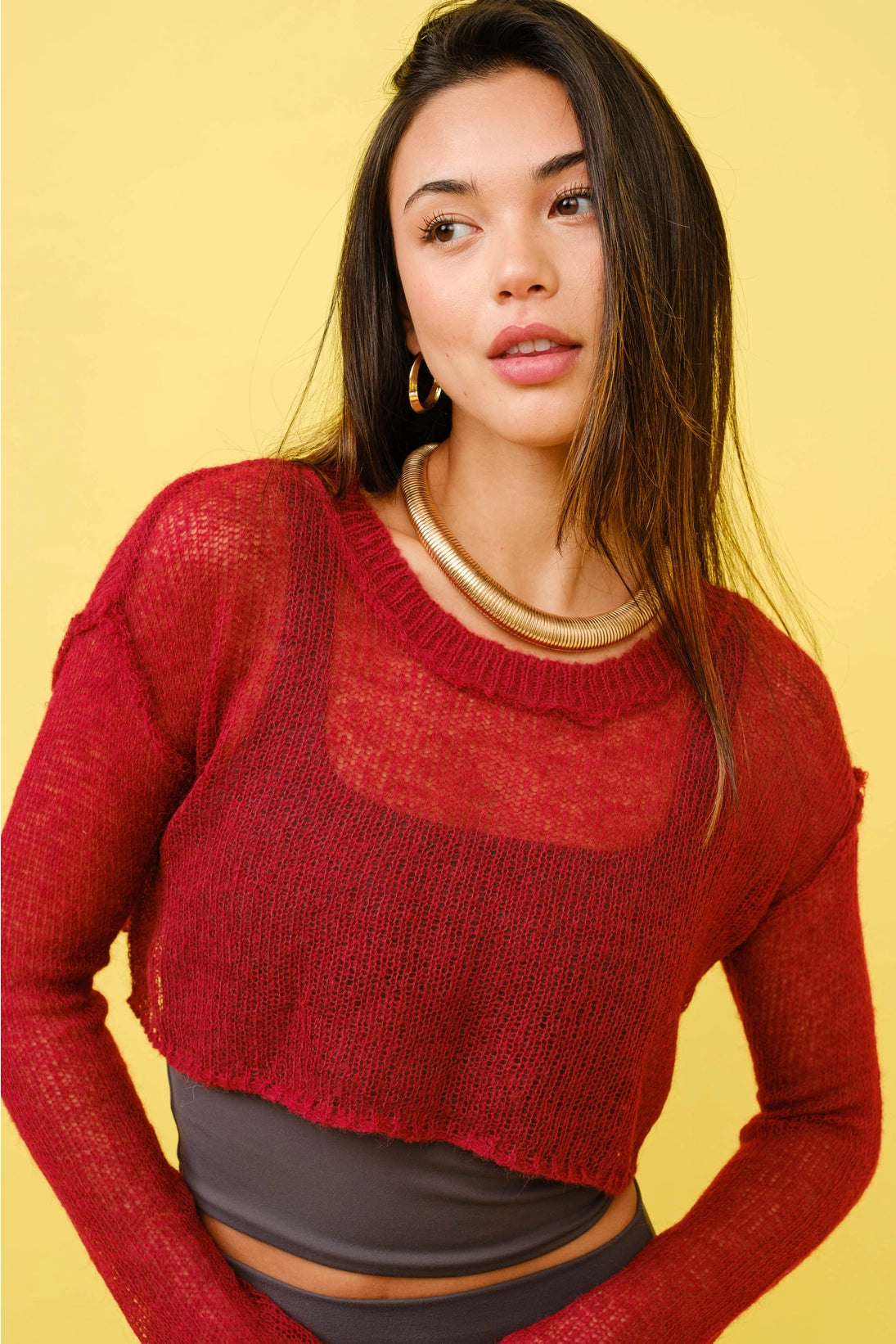 Wine Red Knit Cropped Top