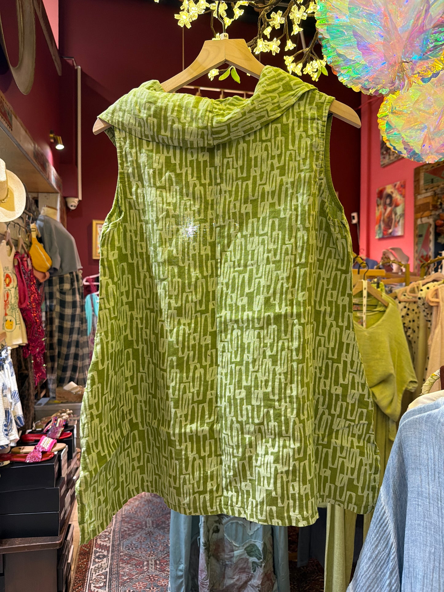 Green and White Linen Cowl Collar Shirt