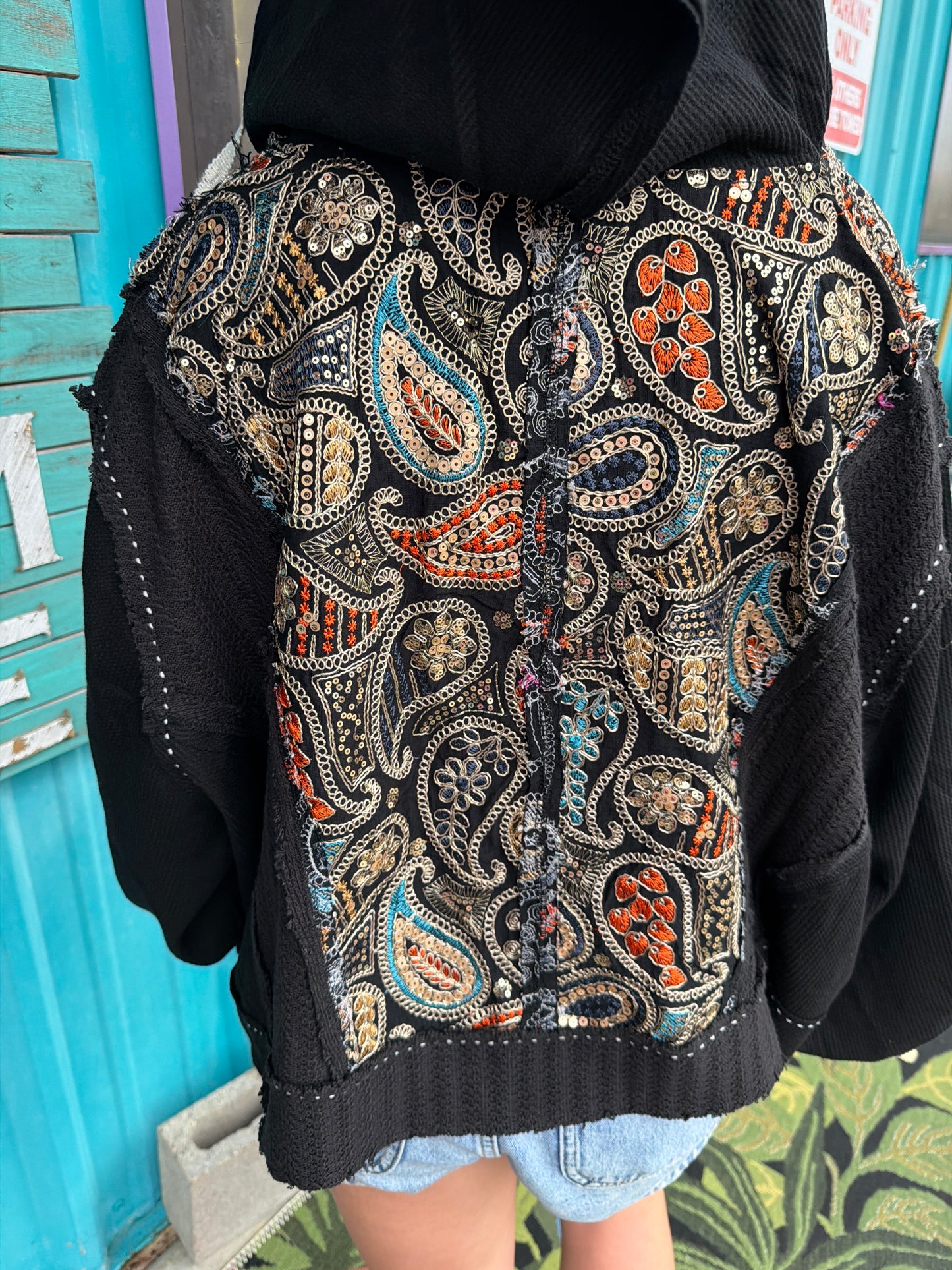 Black Paisley Hooded Sequined Jacket