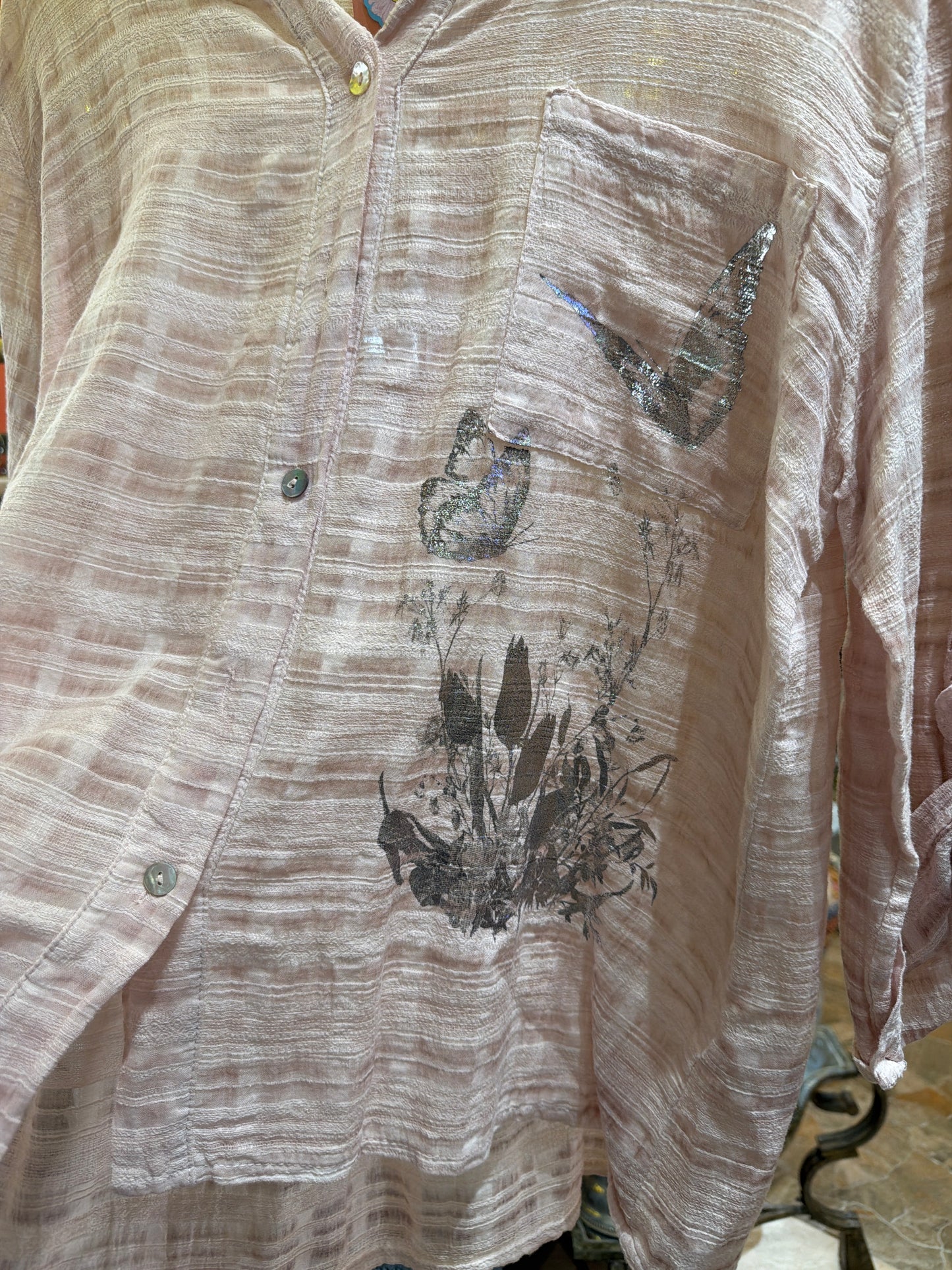 Blush pink button up with metallic butterfly and eyelet sleeves