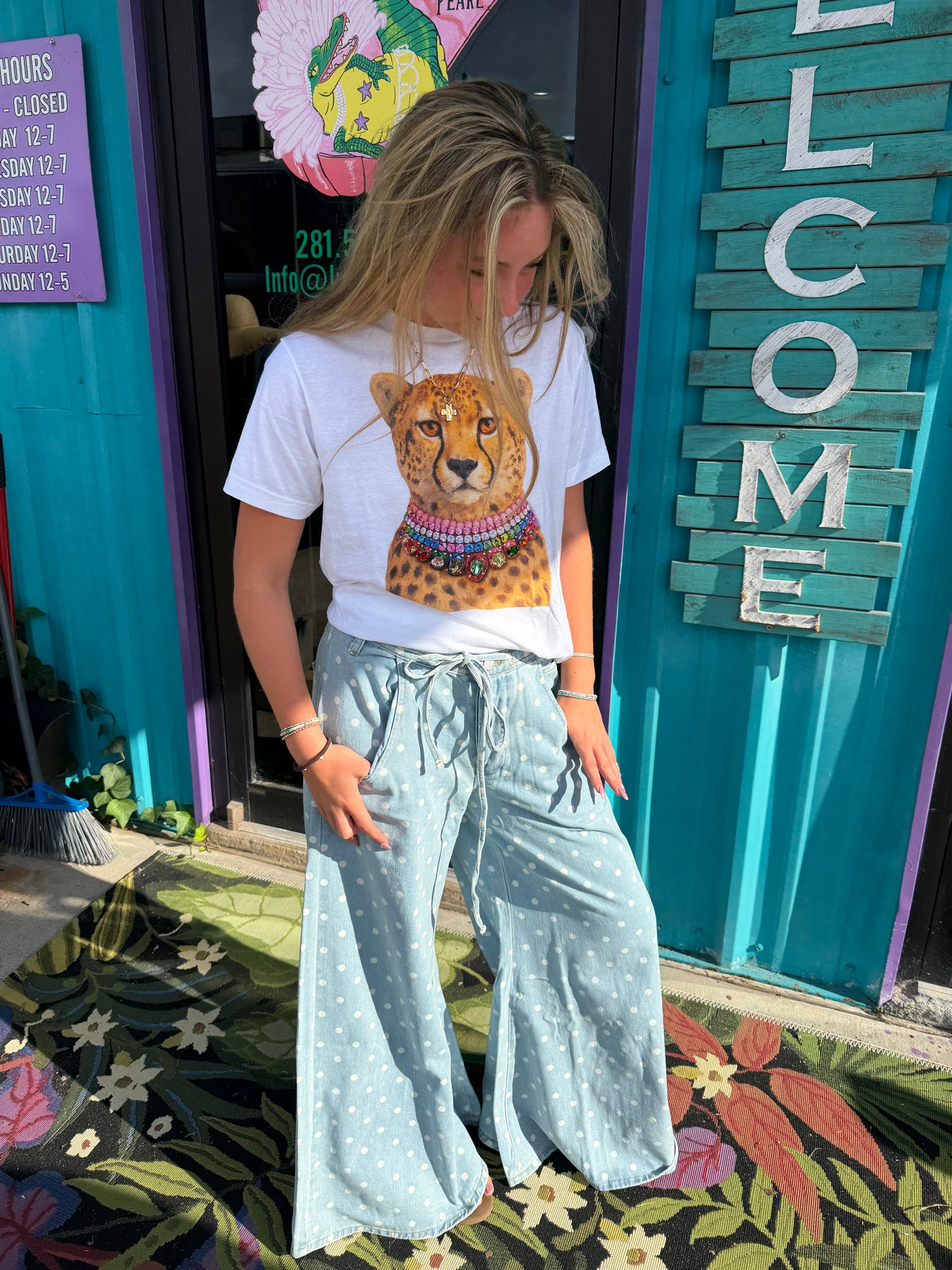 Polka Dot Wide-Leg Denim Pants