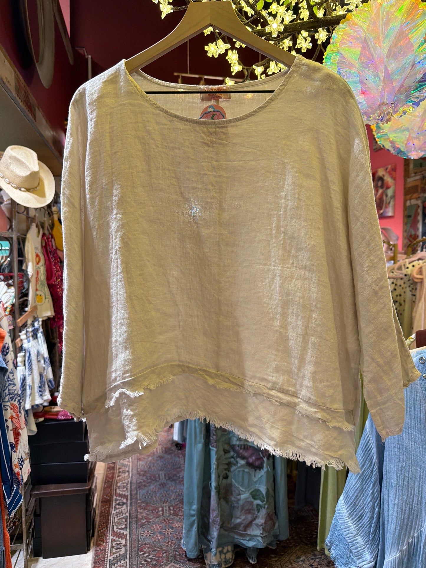 Beige Cropped Frayed Edge Linen Blouse