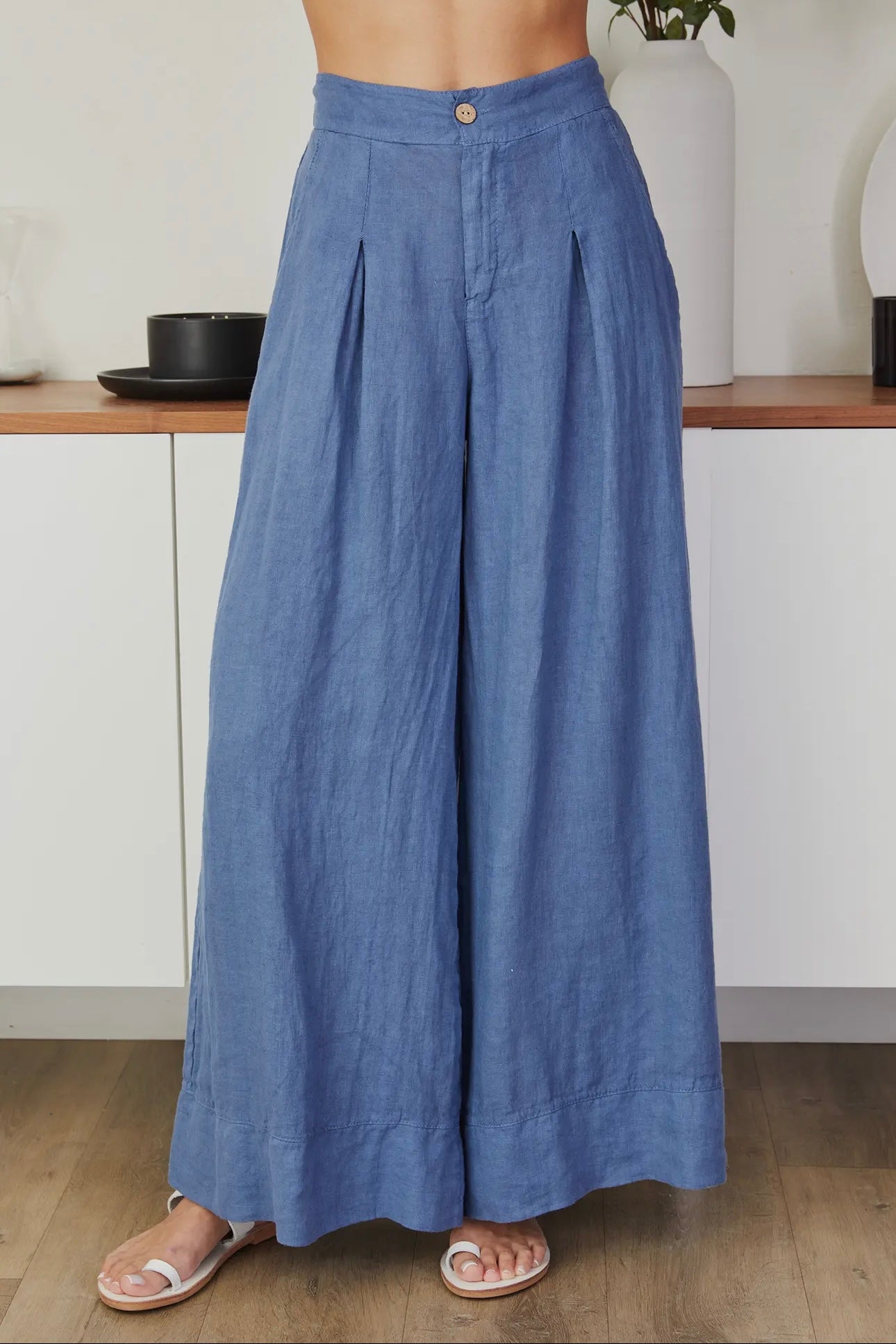 Slate Blue Linen Pleat/Button Front Palazzo Pant